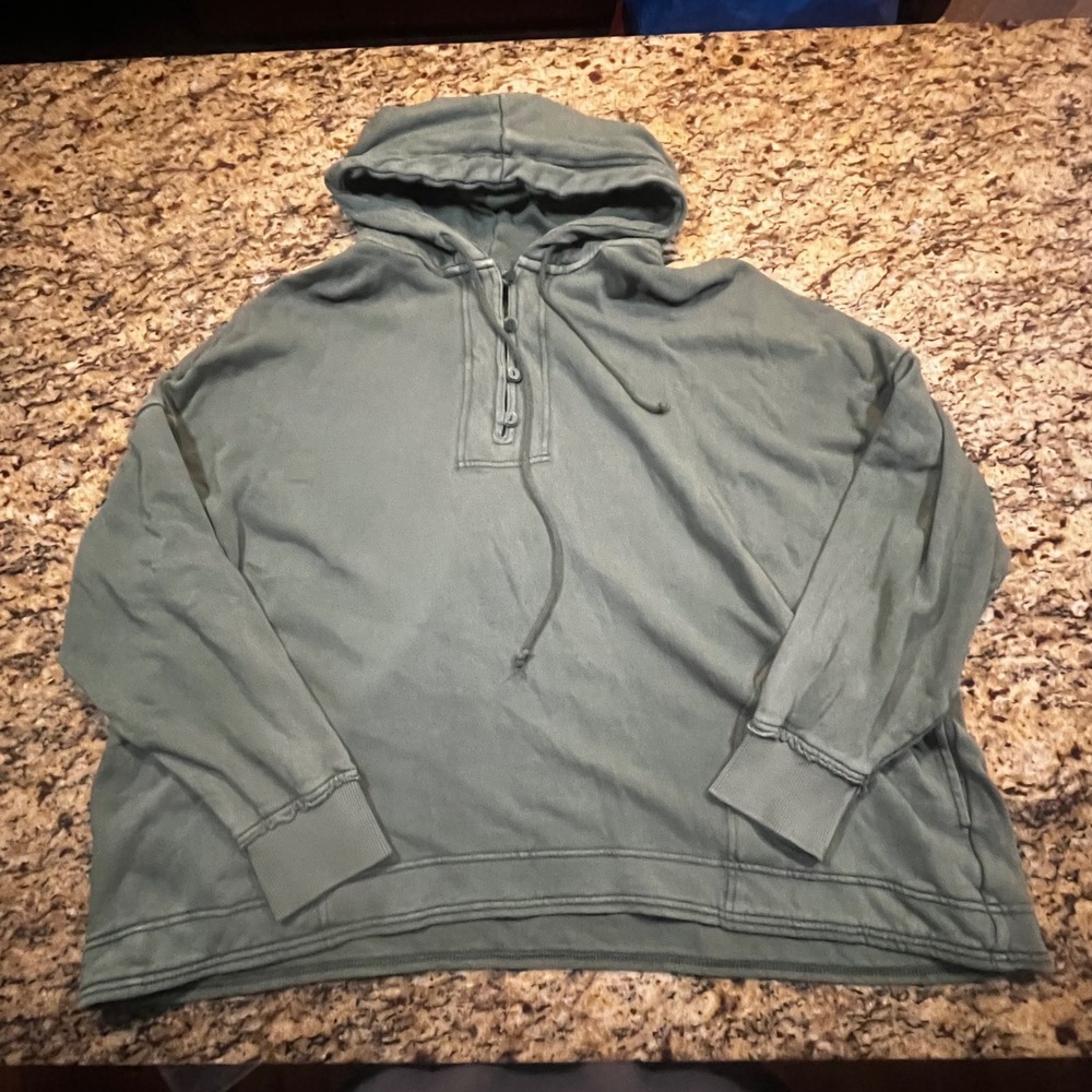 Aerie Womens Henley Hoodie Sage Green Oversized French Terry Pullover Large